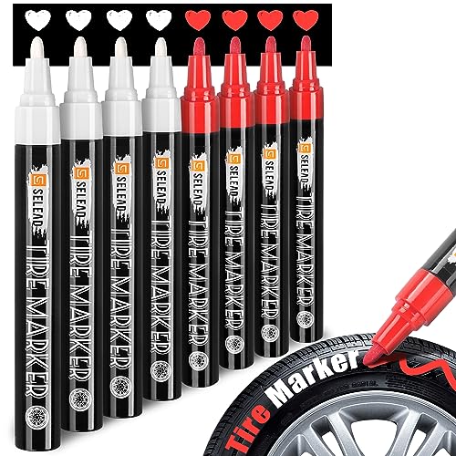 Selead Tire Marker White Red - 8 Pack Paint Pens For Car Tires Lettering, Premium Professional Oil Based Ink, Waterproof Quick Drying Non-Fading Permanent Markers