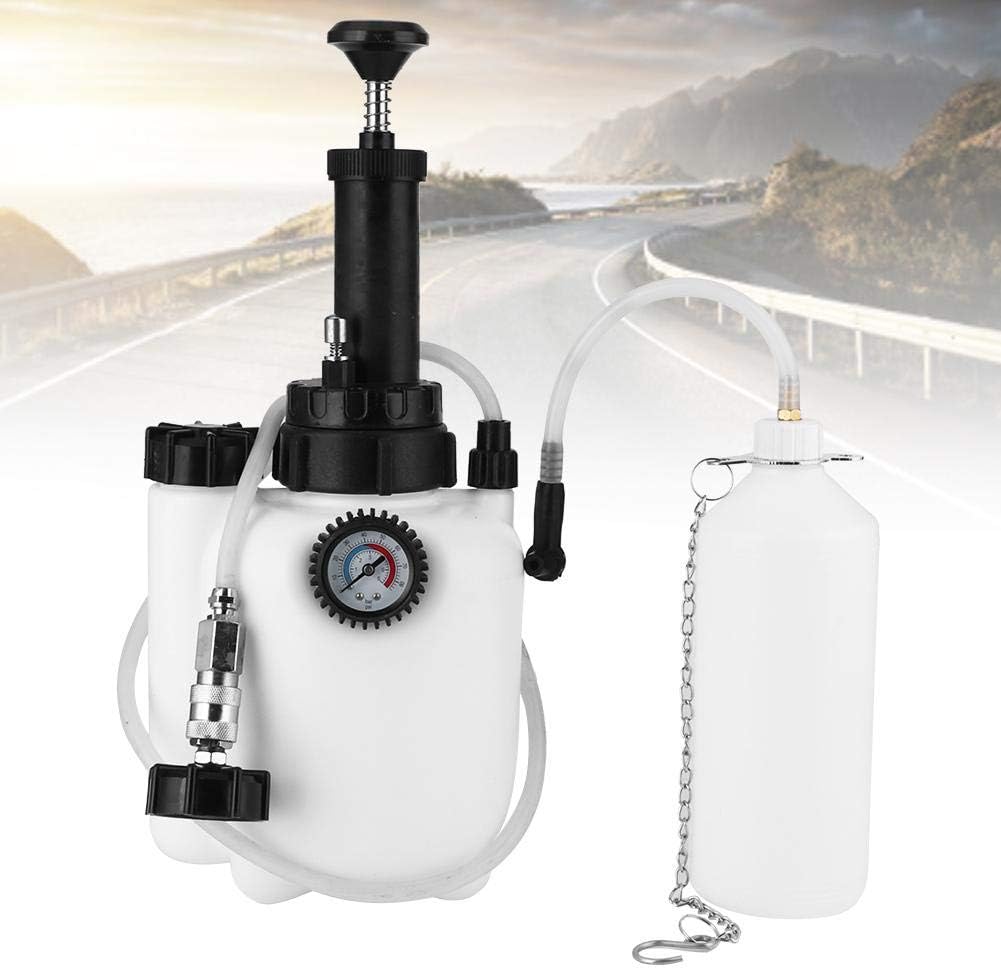 The koulate 3L Manual Brake Bleeder Kit in use, showing the main unit and collection bottle connected to a vehicle's brake system, with a road in the background.