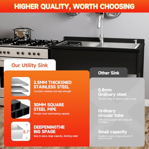 Image of Stainless Steel Utility Sink,47.6 inch x 24.1 inch x 36.6 inch,2 Compartment Sink Freestanding Commercial Sink,with Cold and Hot Water Faucet,Hoses and Drain Kit,Freestanding Sink for Kitchens, Bathrooms