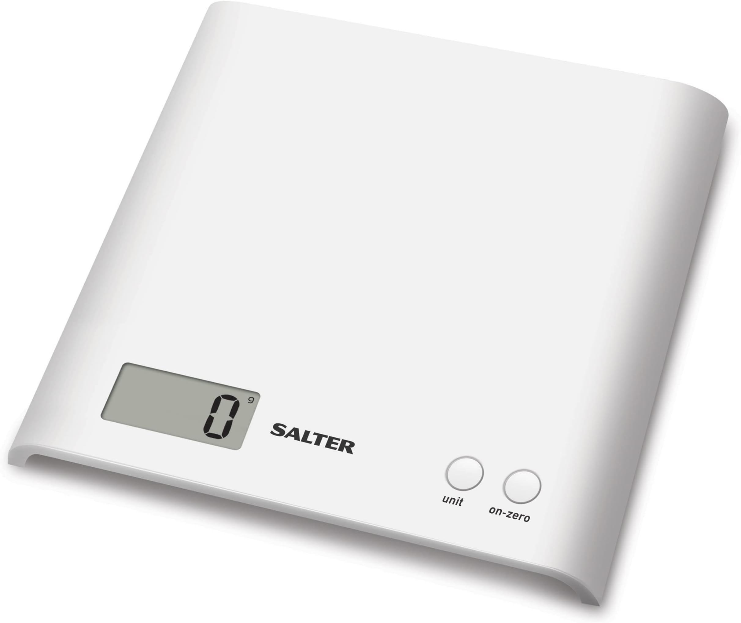 Salter1066 WHDR15 Arc Kitchen Scale – Digital Food Weighing Scales for Precise Cooking/Baking, Slim Platform for Compact Storage, Add & Weigh/Tare Function, 3kg Capacity, Battery Included, White