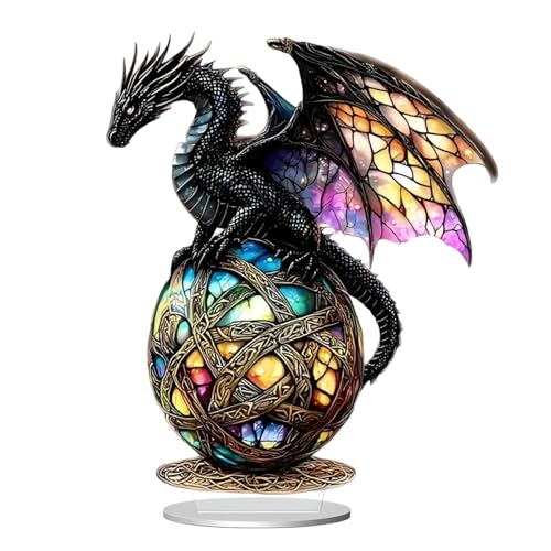 Bunte Acryl Drachen Figuren Deko, Einzigartig 2D Skulptur Deko mit Ovalem Sockel, Exquisite Bücherregal Dekorationen, Dekorationen Wohnzimmer Modern, Stilvolle Drachen Decoration für Zuhause & Büro