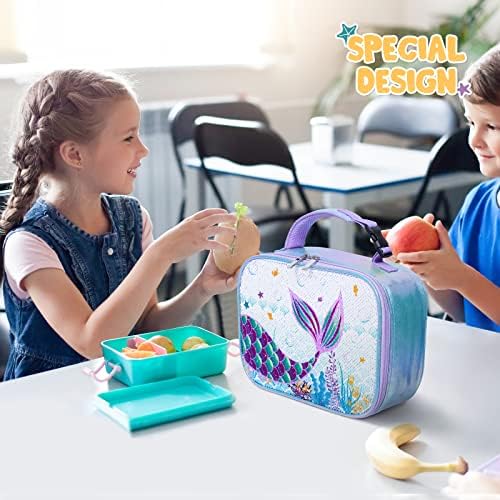 WAWSAM Sequin Mermaid Kids Lunch Bag - Insulated Waterproof Lunch Box for Girls School Travel Office Picnic Workout Camping Food Bag Portable Reusable Blue Lunch Tote with Handle and Pocket