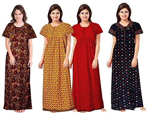 Image of Nighty for Women Cotton Printed Maxi Gown Ankle Length Nighty Night Dress Gown for Women Maxi - Free Size (Pack of 4)