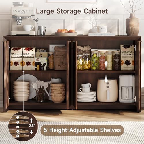 ONBRILL Fluted Sideboard Buffet Cabinet with Storage, Wooden Modern Fluted Sideboard with 4 Doors and 5 Adjustable Shelves, Coffee Bar Table for Dining Room, Hallway, Kitchen (Dark Walnut) - Image 7