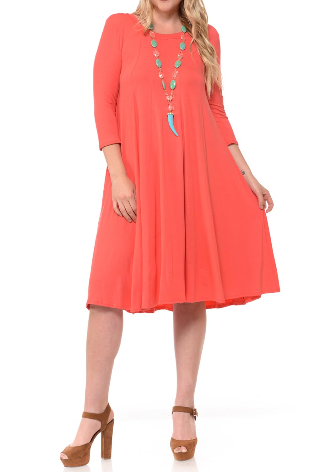 Pastel by Vivienne Women's Plus Size 3/4 Sleeve A-Line Swing Midi Dress – Flowy, Stretchy, Casual, and Comfortable