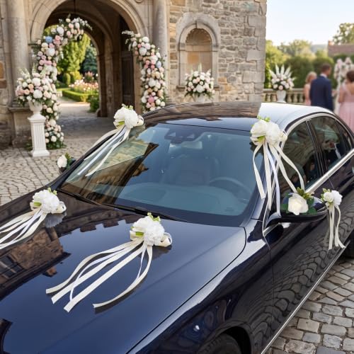 Image of 6 Pcs Wedding Car Door Handle Flowers - White Rose & Peony | Floral Bouquet Car Door Handle & Mirror Flowers with Satin Ribbon Bows , for Just Married Car Decoration