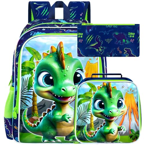 Image of HPJGD 3PCS Dinosaur Backpack for Boys, Water Resistant Kids Bookbag Set with Lunch Box, Cool School Bag for Preschool Toddler - Volcano Dinosaur