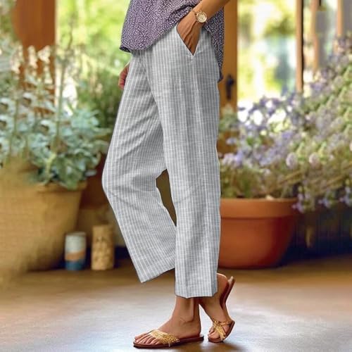 Women's Linen Pants, Side Stripe, Elastic Waist, Straight Leg, Summer Beach Vacation2
