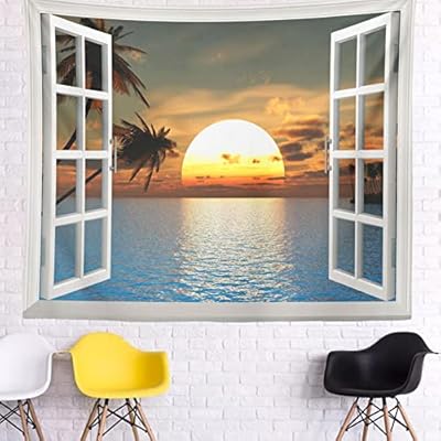 IcosaMro Ocean Sunset Tapestry Wall Hanging, Window Beach Sunset Palm Tree Nature Landscape Scenery Wall Decorations…