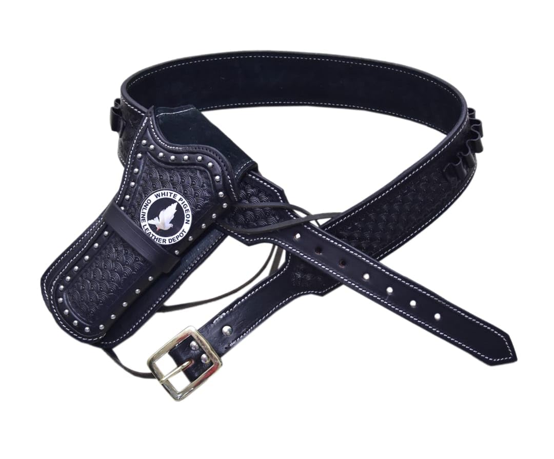 Western Rigs Holster Cowboy Tooled Leather Holsters Revolver Cover Pistol Case Ammo Cartridge Belt .38 .357 (Brown Right Hand, Size 8 (58