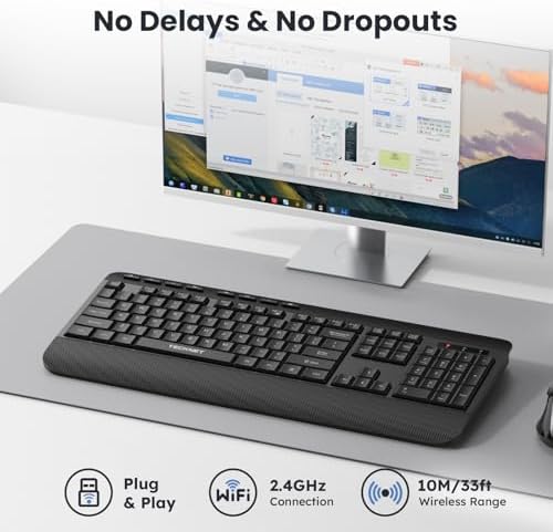 TECKNET Ergonomic Wireless Keyboard for Laptop, 2.4G USB Silent Computer Keyboard with Comfortable Palm Rest & Adjustable Feet Stand for Desktop, PC, Notebook, Surface and Windows, Full Size Layout - 1
