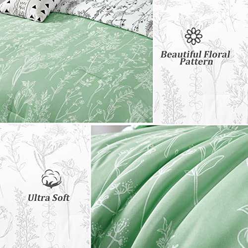 Luxudecor Floral Comforter Set King Size Green White Reversible Comforter With Pillowcases Flower Plant Pattern Bedding Set 3 Pieces Ultra Soft Microfiber For All Seasons(Green, 104''X90'') #TOP4
