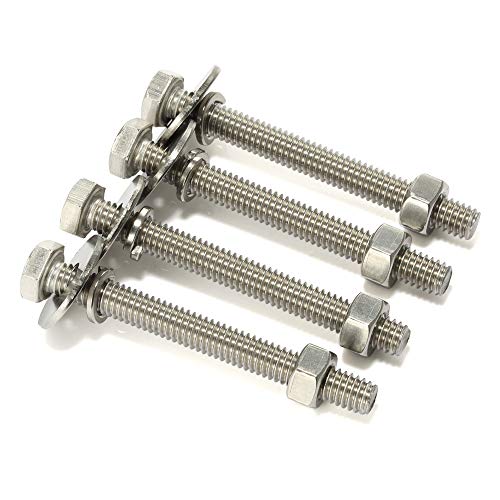Image of M6-1.0 x 80mm Hex Head Bolts, Hex Nuts, Extra-Large and Thick Flat & Lock Washers, Fully Threaded, 304 Stainless Steel, 8 Sets