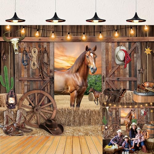 Western Cowboy Backdrop Rustic Wooden House Barn Horse Guitar Boots Wild West Photography Background Adult Kid Rodeo Theme Birthday Party Decorations Banner Photo Props (7x5FT)