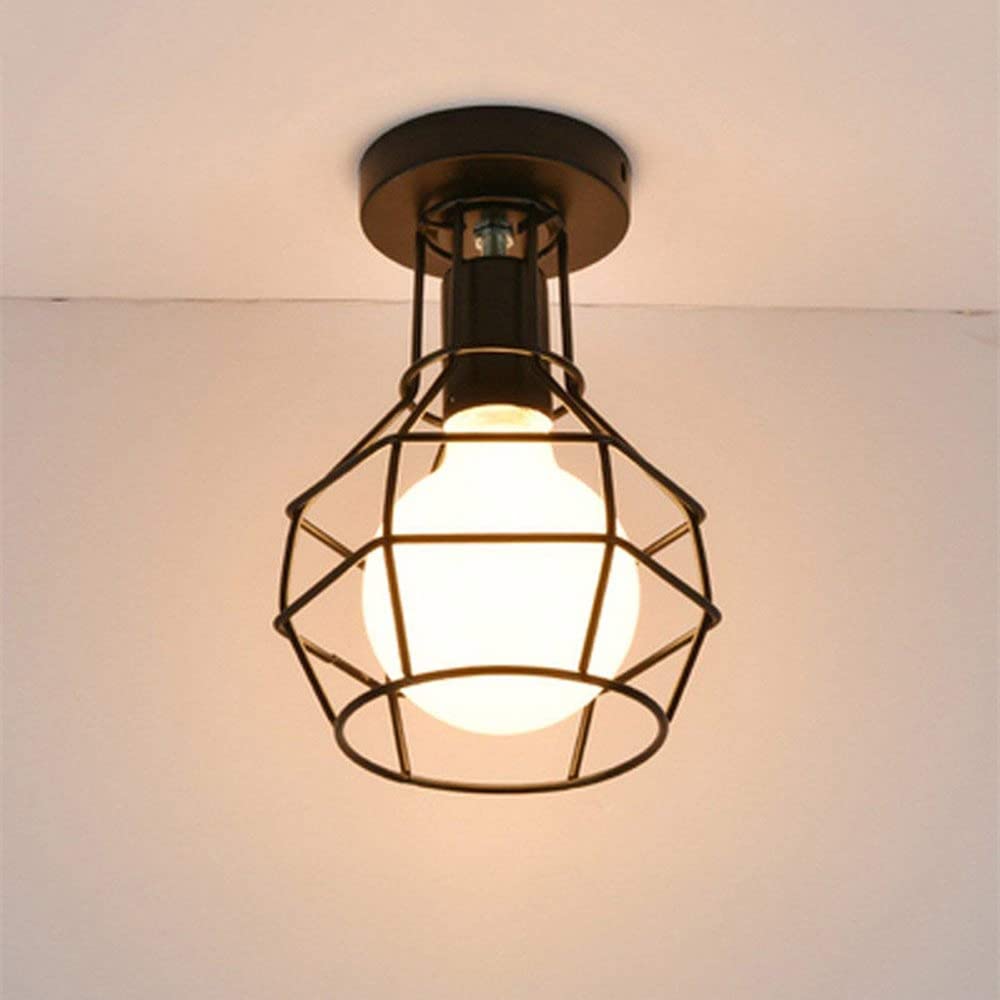 LYMSXAZOU Industrial Ceiling Lamp Black Wire Cage Semi Flush Mount Light, Aisle Lamps Corridor Chandelier Close to Lighting Fixture for Farmhouse Hallway Stairway Made in China