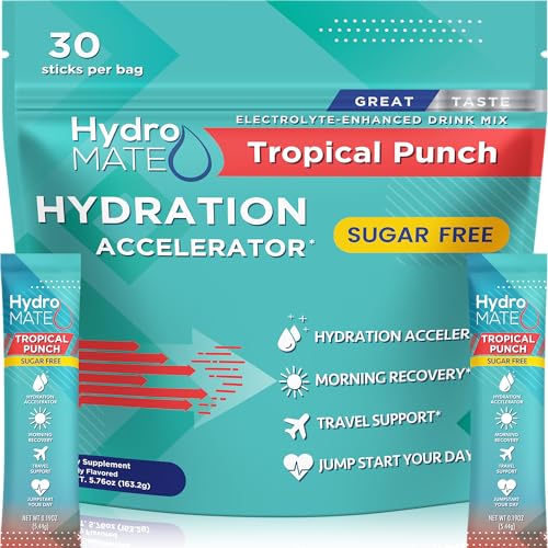 Image of Electrolyte Powder Sugar-Free Hydration Packets Tropical Punch HydroMATE 30 Sticks