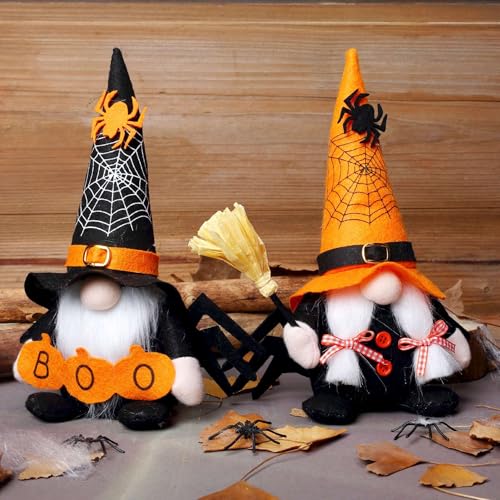 Ni-JASW Halloween Plush Gnomes Set of 2 Spooky Orange Black Spider Web Swedish Tomte Elf Figurines for Tiered Tray Home Decor