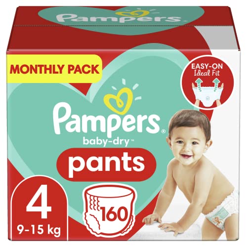 Pampers Baby-Dry pantalones, Talla 4 ((9-15 kg/8-14 kg), 1 pack de 160, Easy-On para hasta 12 horas de secado transpirable, paquete mensual - El empaque puede variar