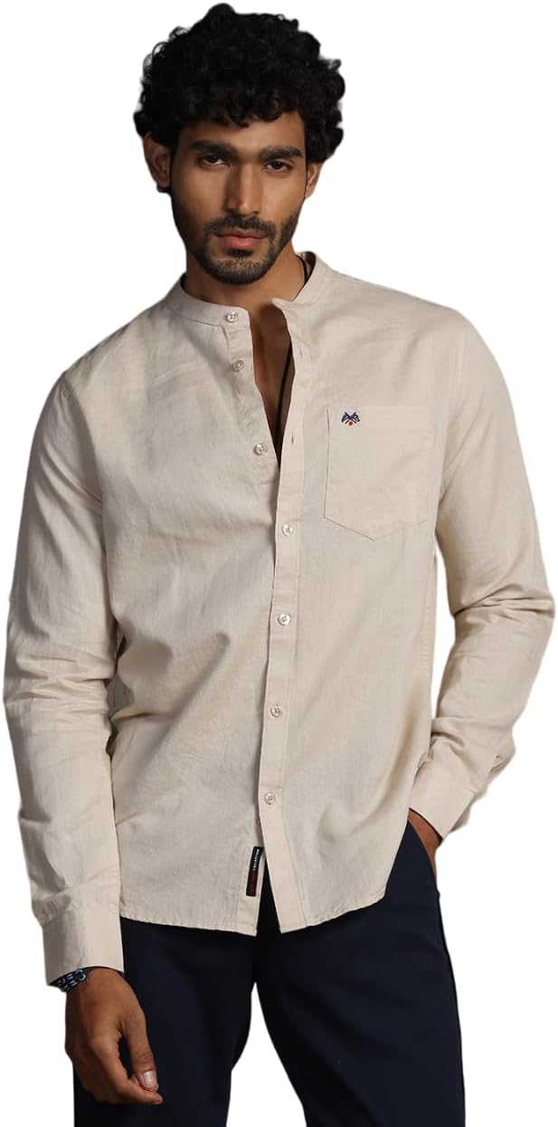 Men's | Solid | Full Sleeve | Slim Fit | Linen Blend | Mandarin Collar | Casual Shirt