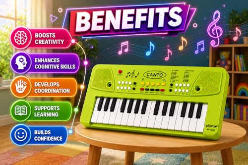 Image of Braintastic Kids Piano Keyboard with Microphone, 37 Keys, 8 Rhythms, 8 Tones with 6 in-Built Demos & Song Recording Feature for Boys & Girls (Green)