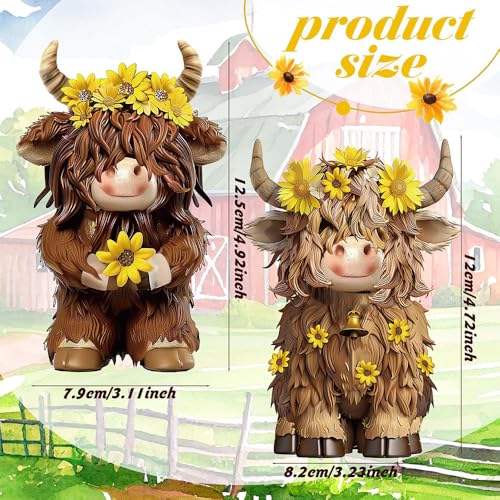 Cute Highland Cow Figurines 2 Pcs, Resin Statues Adorable Farm Animal Collectible Ornaments for Desk Shelf Home Garden Decor (Yellow) - Image 4