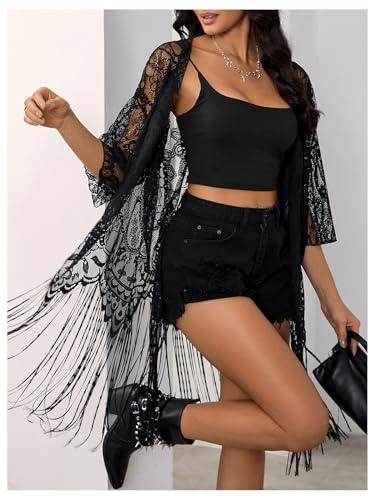 MakeMeChic Women's Lace Sheer Fringe Kimono Hollow Out Top Open Front Long Sleeve Beach Cover Up4