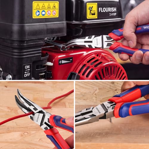 Image of WORKPRO Premium 8 inch Bent Needle Nose Pliers, Paper Clamp Precision, Heavy-Duty CRV Steel, Soft Grip with Wire Cutter, Long Nose Cutting Pliers