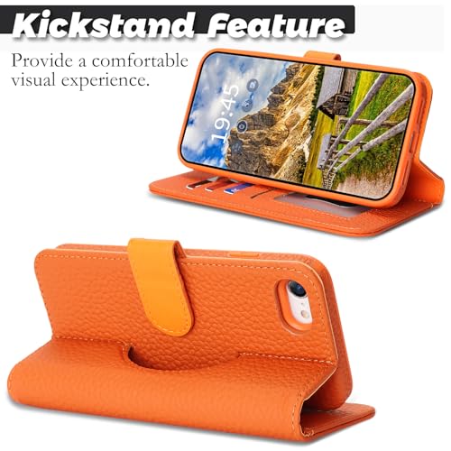 Image of Detachable Genuine Leather Case for iPhone SE 2020 / SE 2022 /7 /8 Wallet Case Magnetic 2in1 Removable Flip Cover Book Purse Compatible with Magsafe Charging Kickstand Card Holder-Orange