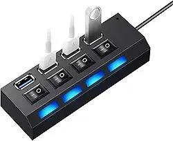 Hub USB com 4 Portas – Extensão para PC, Notebook, HD Externo, Pendrive - Plug & Play, Ideal para Periféricos - Botões Liga/Desliga - Luz de Led