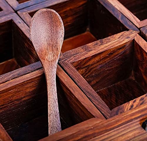 Image of THEHEARTWILL Sheesham Wooden Spice Box for Kitchen - 'Twelve Blends' Masala Container Dabba with 12 Containers & 2 Spoons | Wooden Masala Dani Box | Wooden Namak Dani for Kitchen