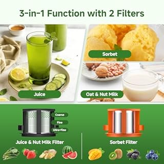 AMZCHEF Cold Press Juicer Machines, 3-IN-1 Masticating Juicer with 2 Strainers(Juice & Sorbet & Nut Milk), 160mm Wide Chute, 2.5L Capacity, Self-Cutting System, Low Noise Motor, Quick Release Design