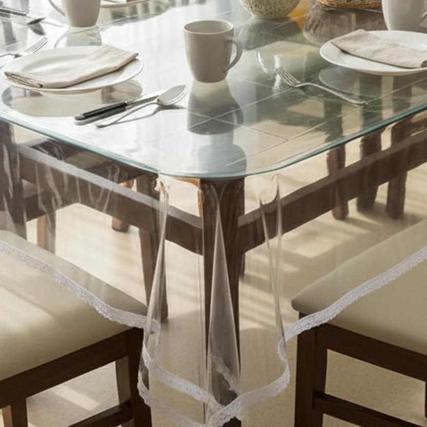 STITCHNEST PVC Transparent 4 Seater Dining Table Cover with Silver Lace, (40x60 Inches)