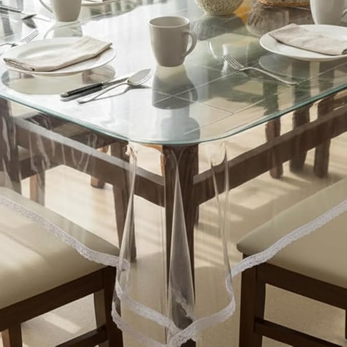 STITCHNEST PVC Transparent 4 Seater Dining Table Cover with Silver Lace, (40x60 Inches)