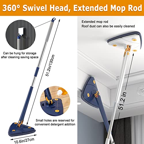 Microfiber Rotatable Adjustable Cleaning Mop, 51-Inch Long Handle 360° Triangle Baseboard Wall Cleaner With Extension Pole 43" To 51", 6 Reusable Washable Mop Pads, Wet Dry For Ceiling，Floor，Wall Etc #TOP6