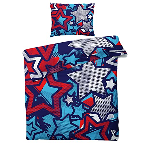 ZDABAOEC Sternen Bettwäsche 155x220 Kinder Jungen, Sterne Kinderbettwäsche 4teilig - 100% Microfaser 2 Bettbezug + 2 Kissenbezug 80x80, mit Reißverschluss, Wende Motiv
