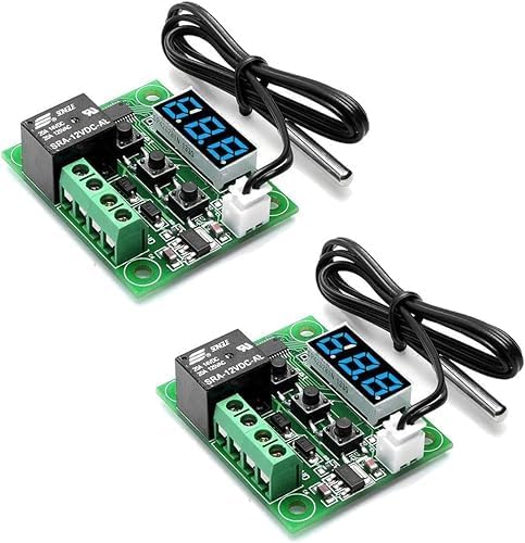 METAPOD 2 Pcs W1209 12V DC Digital Temperature Controller Board –50~110°C Micro Digital Thermostat Module with Waterproof NTC Sensor, 10A Relay Output for Incubators.