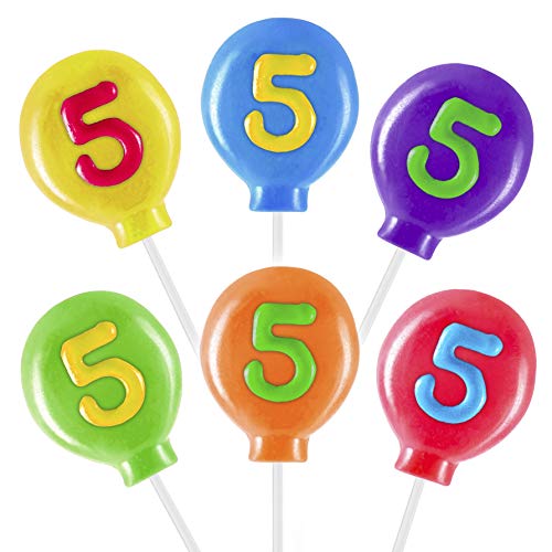 Fifth Birthday Lollipops - Pack of 6 Large Balloon Shaped Number 5 Lollipop Suckers for 5th Birthday Decorations, Fifth Anniversary, Number Five Cake Toppers, Party Favors and Party Decorations