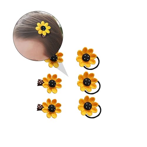Miniatura 7 de minkissy Juego de 6 piezas de pasadores de girasol, bandas para el pelo de flores, coleteros para el cabello para niñas, accesorios para el cabello