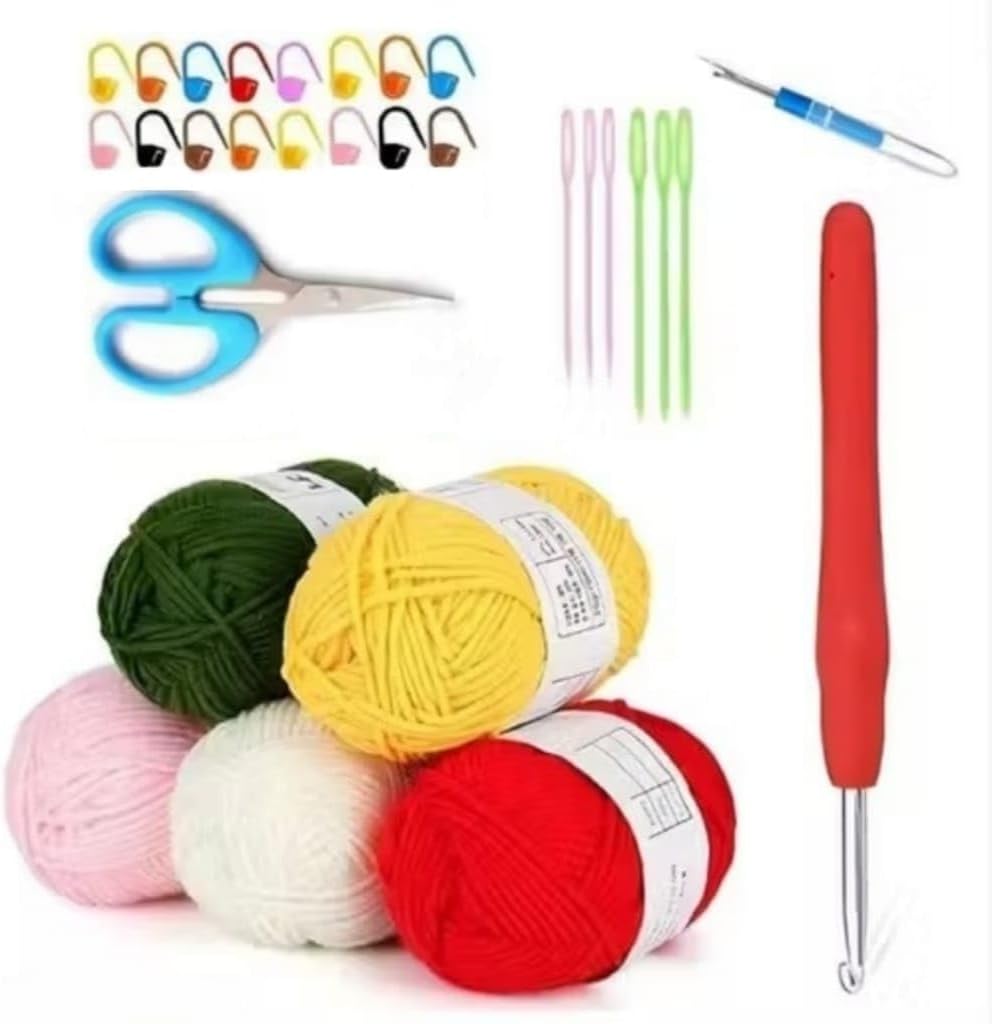 Crochet Kit for Beginners, Complete Crochet Starter Kit with Yarn, Ergonomic Crochet Hooks, Scissors, Needles & Stitch Markers, Learn to Crochet DIY Craft Set for Adults & Kids (5 Yarn kit)