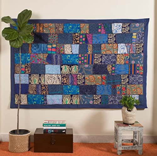 Tapisserie murale coton bleu 152x101 cm broderie main suspendre