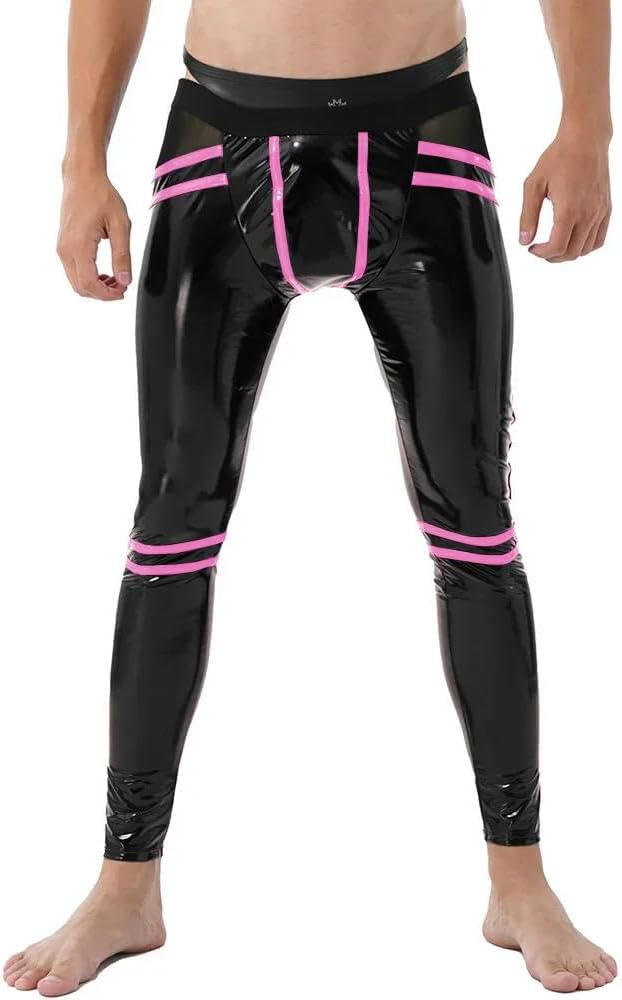 Men's Wetlook Punk Glossy Splicing Elasticated Convex Pouch Hip Pencil Pants for Club Night Out