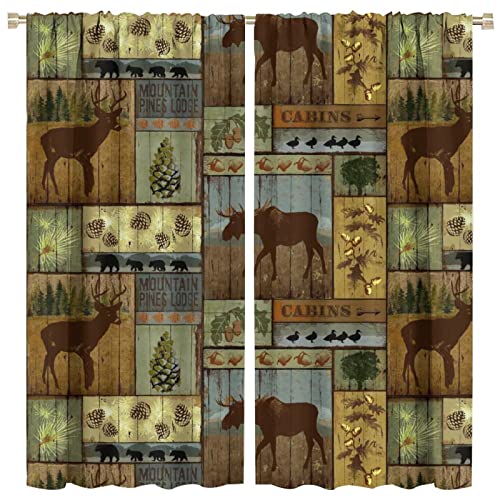 Rustic Retro Cabins Curtains Forest Bear Deer Room Darkening Curtains Pattern Printing 42X45In #TOP23