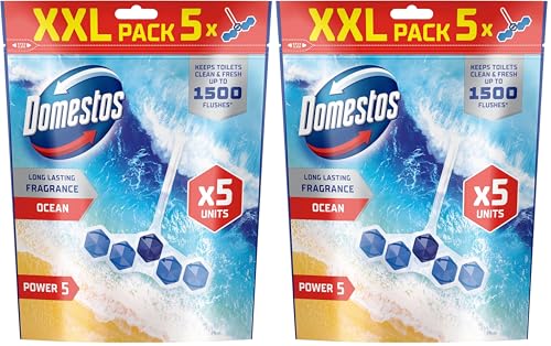 Image of Domestos Power 5 Ocean Toilet Rim Blocks toilet freshener with a long-lasting fragrance clean and freshen for up to 300 flushes 5x 50 g (Pack of 2)