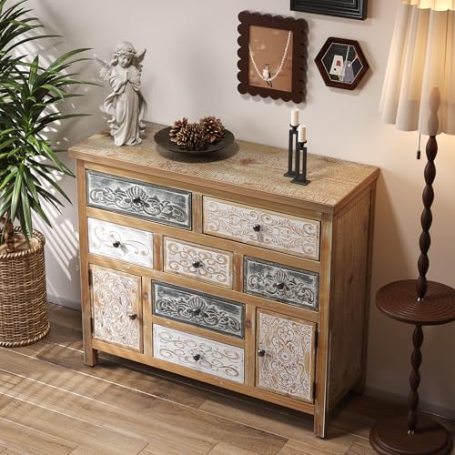 Image of Farmhouse Boho Accent Cabinet with 7 Drawers and 2 Doors, Vintage Storage Cabinet with Solid Wood Frame, Hand-Carved Distressed Console Cabinet for Living Room, Entryway, Hallway, 39.37 Inch Wide