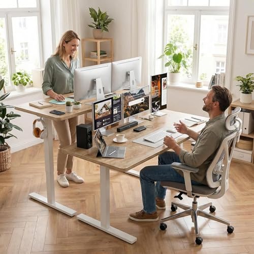 Image of Grandder 63x32 Large Electric Standing Desk, Height Adjustable Computer Desk with 2 Memory Presets, 31.5 inch Deep Desktop Sit Stand Desk Home Office Desk Workstation Table with Hooks, Oak