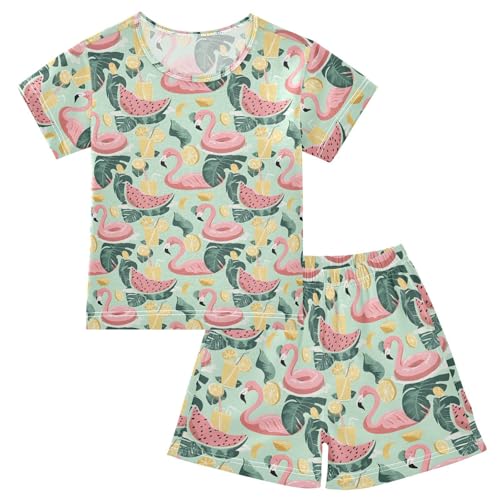 Flamingo Watermelon Lemon Pajama Set, Short Sleeve Cotton Sleepwear Nightwear