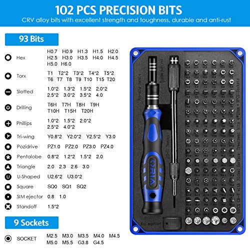 ORIA Precision Screwdriver Set (Newest) 106 in 1 with 102 Bits Magnetic Torx Screwdriver kit with Case Professional Repair Tool with Magnetizer for Electronics PC iPhone iPad Watch Jewelers Blue