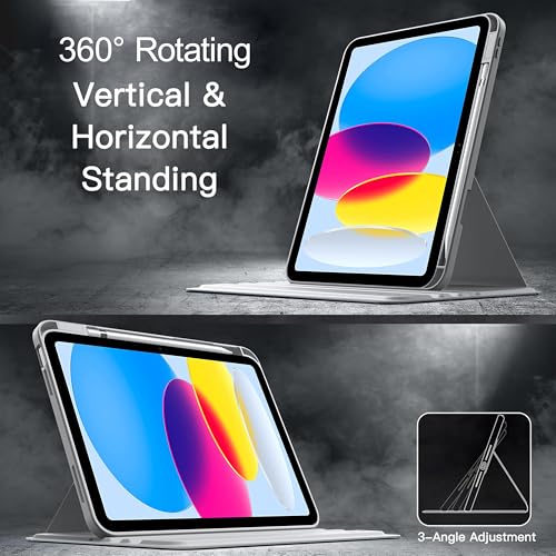 Image of TGK Rotating Case for Ipad 10Th Gen 10.9 Inch 2022 (A2757 / A2777 / A2696) iPad A16 11.0 inch 2025 with Pencil Holder 360 Degree Rotation Protective Trifold Stand Cover Clear Back (Grey)