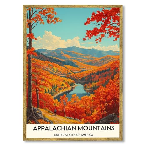 Framed Appalachian Vintage Travel Posters Appalachian Mountains Wall Art Canvas Print Scenic Autumn Landscape Painting Artwork Rustic Picture Wall Decor for Living Room Bedroom Home Office 12x16inch