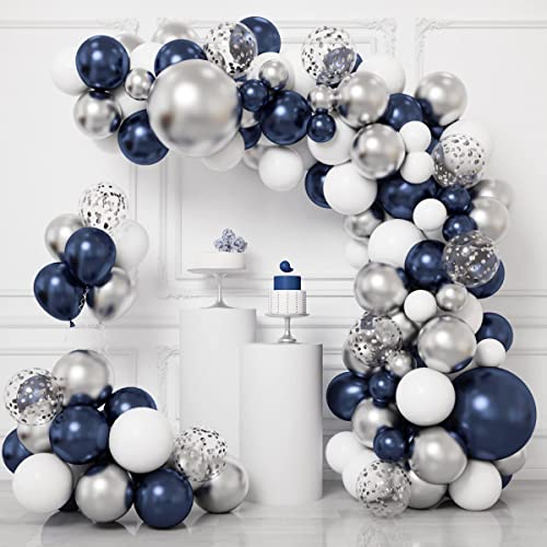 Navy Blue Balloon Arch Kit, Navy Silver Balloon Garland Kit, 104pcs Navy Blue and Silver White Balloons, Navy Balloons Arch for Wedding, Boys Men Birthday Party, Blue Baby Shower Decorations